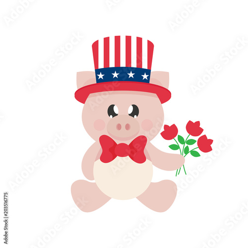 4 july cartoon cute pig in hat sitting with flowers