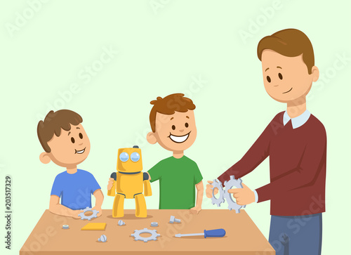 Happy kids and a man making yellow toy robot together. Man assembling a robot for the children. Cartoon vector illustration. Flat style. Isolated on light background.