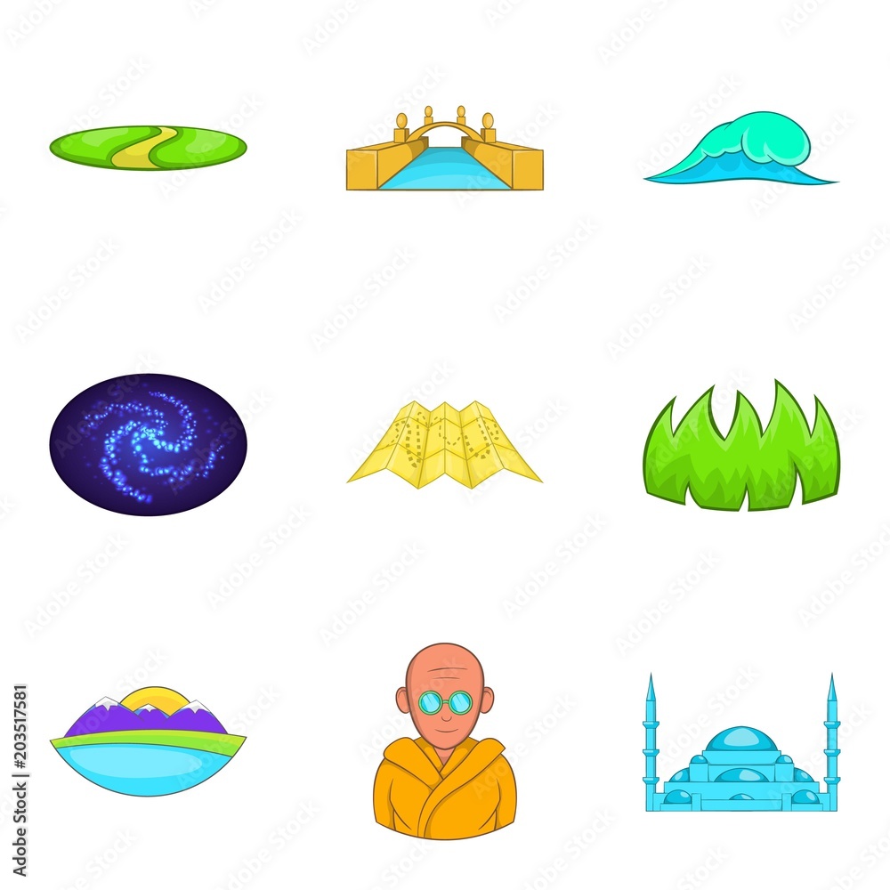 Naklejka premium Across the country icons set. Cartoon set of 9 across the country vector icons for web isolated on white background