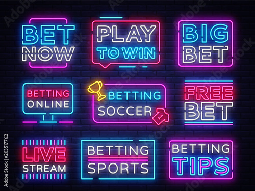 Collection Betting neon signs. Set neon banners Gambling slogan, Casino, Betting design element, Night neon signboard, night bright advertising. Vector illustration