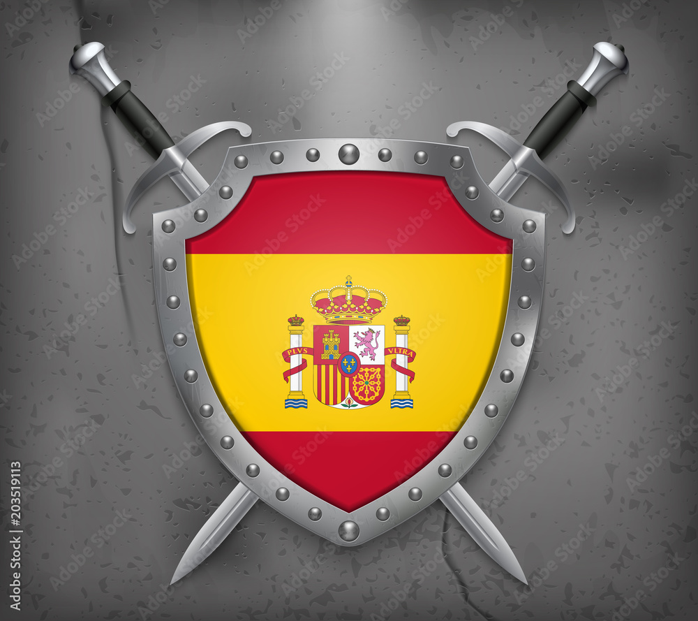 Flag of Spain. The Shield with National Flag. Two Crossed Swords