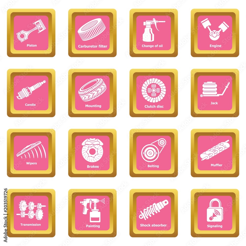 Car repair parts icons set vector pink square isolated on white background 