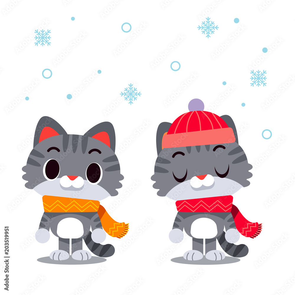 Plakat Wektorowi kotów charaktery jest ubranym szalika i zimy kapelusz odizolowywających na białym tle