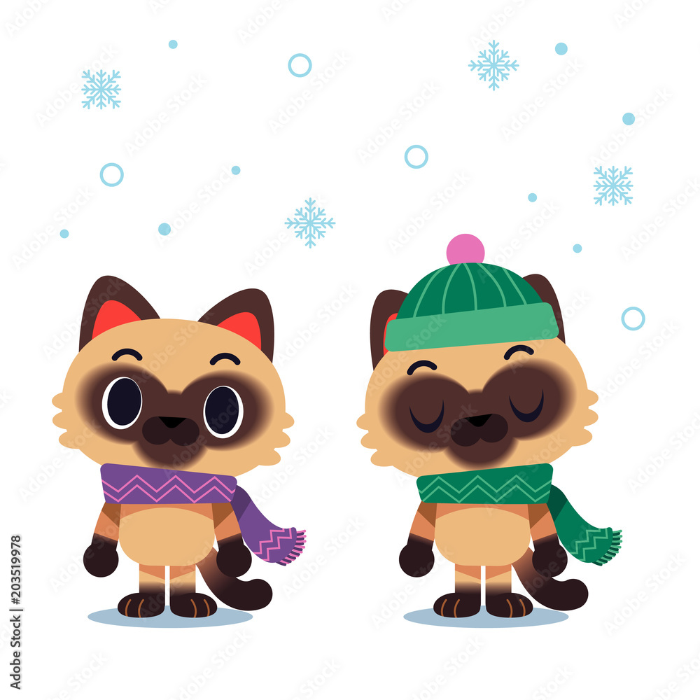 Fototapeta premium Vector cat characters wearing scarf and winter hat isolated on white background