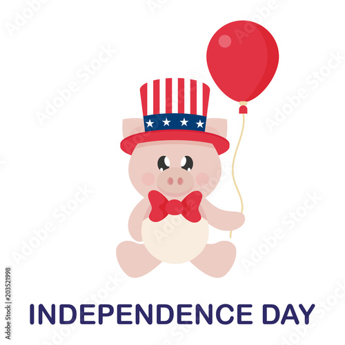 4 july cartoon cute pig in hat sitting with balloon and text