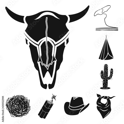 Attributes of the wild west black icons in set collection for design.Texas and America vector symbol stock web illustration.