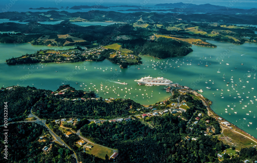 New Zealand, Bay of Islands, Opua, aerial view over yachts and liner