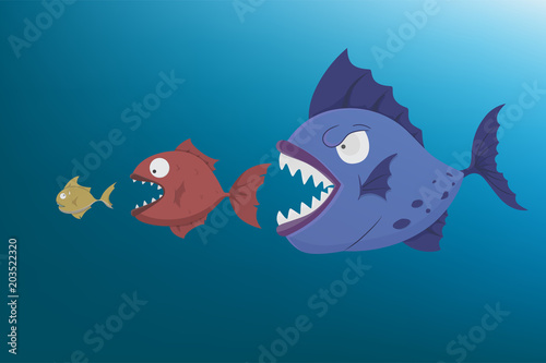 Big fish eat small fish.Vector cartoon illustration fact of natural chain concept.