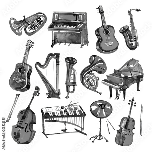 Canvas Print Set of hand draw black watercolor musical instruments