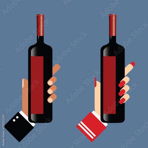 hand holds the wine bottle vector illustration