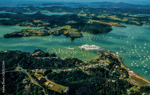 New Zealand, Bay of Islands, Opua, aerial view over yachts and liner