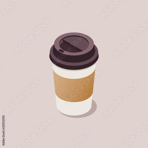 Flat style isometric vector coffee cup concept illustration. Material design disposable paper coffee cup clean realistic icon.