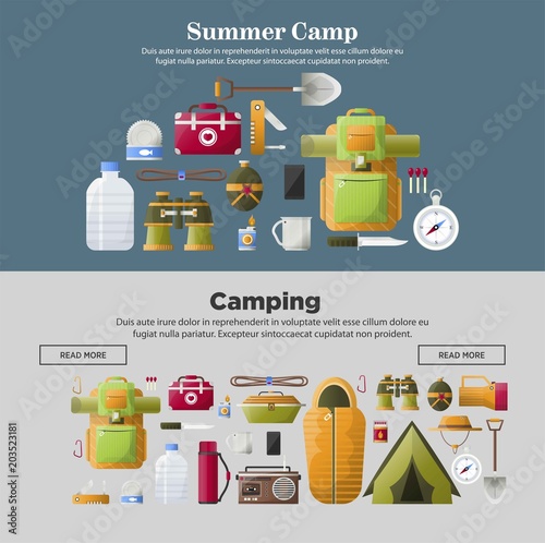 Summer camp banners of vector camping tools