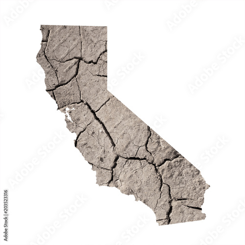 Silhouette of California. Map is fulfilled with image of dry land. Metaphor of catastrophic climate changes in area - droughts, dryland, desertification, degradation of arid soil