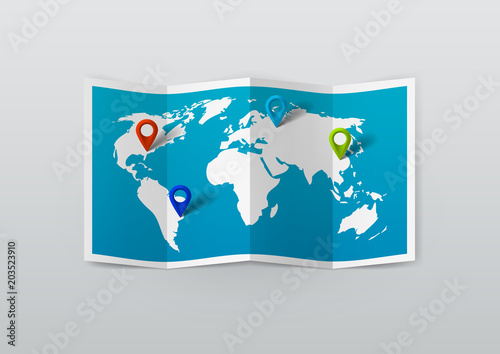 Realistic World Map With Tag Pins
