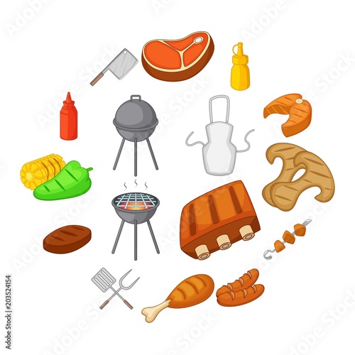 BBQ icons set. Cartoon illustration of 16 BBQ items and symbols vector icons for web