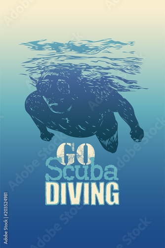 Go Scuba Diving. Design Poster With Diver. Vector Illustration