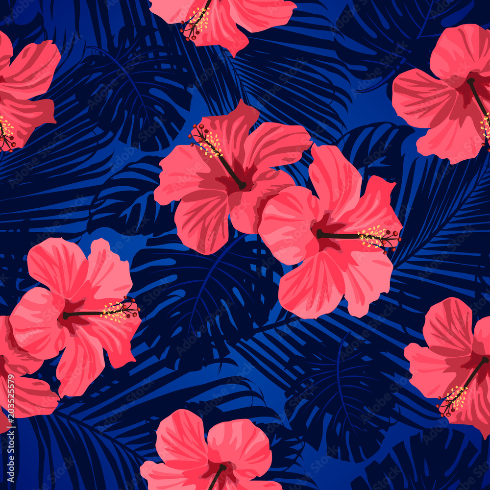 Tropical flowers and palm leaves on background. Seamless. Vector pattern.