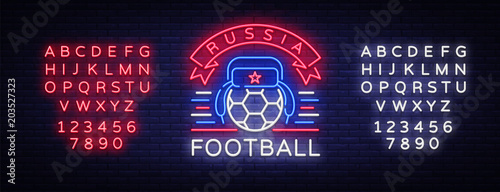 Soccer championship logo neon vector. Soccer neon sign, European Football Cup 2018, Light Banner, Design Template whit Russian Earflaps, Soccer Russia, neon signboard. Editing text neon sign