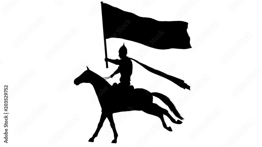 Silhouette of a horseman with a flag. Alpha channel. Alpha matte. FullHD. Silhouette of a horseman with a flag. Alpha channel. Alpha matte. FullHD.