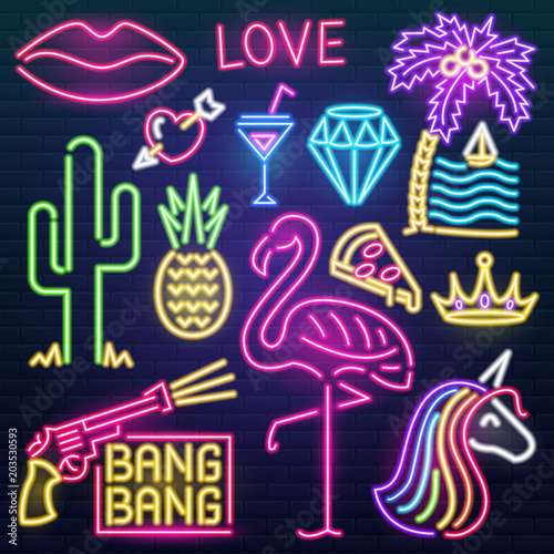 Set of fashion neon sign. Night bright signboard, Glowing light banner. Summer logo, emblem. Club or bar concept on dark background. Editable vector. Pink Flamingo cactus lips pizza cocktail pineapple