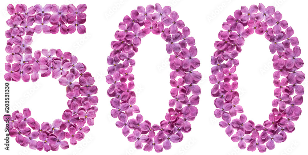 Arabic numeral 500, five hundred, from flowers of lilac, isolated on white background