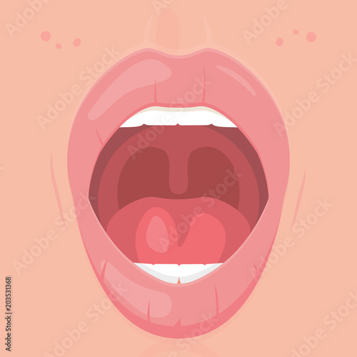 Open mouth with teeth and tongue.Funny expression mouth showing tongue. Medical poster, dental card