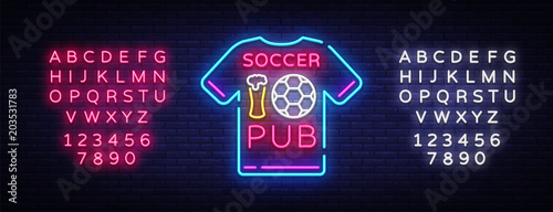 Soccer Pub Neon Sign Vector. Football Pub logo neon, T-Shirt concept, light signboard, billboard, night neon advertising, sports bar, pub, football online, fan club. Vector. Editing text neon sign