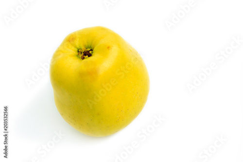 Yellow organic juicy ripe apple on a white background. Fresh pure fruit.