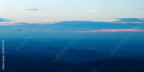 Panoramic view on mountains with cloudy sky in the evening. Beautiful nature in Haputale Sri Lanka