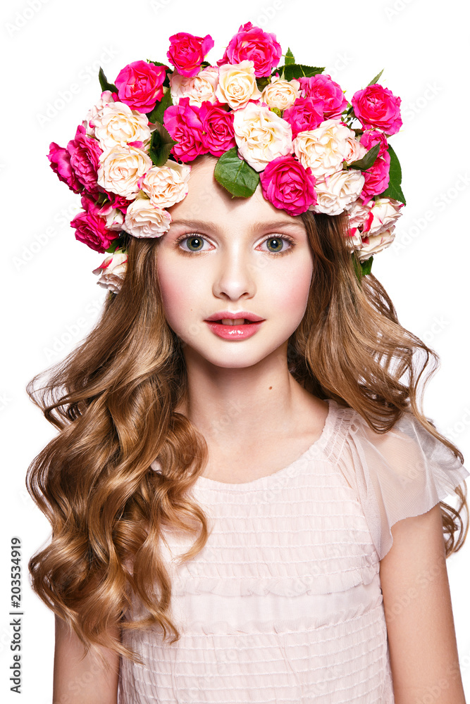 Beautiful baby girl portrait with flowers on head and curly hair. Beautiful baby girl portrait with flowers on head and curly hair.