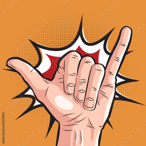 comic hand showing shaka sign. pop art surf greeting gesture on halftone background