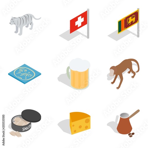 Worldwide tour icons set. Isometric set of 9 worldwide tour vector icons for web isolated on white background