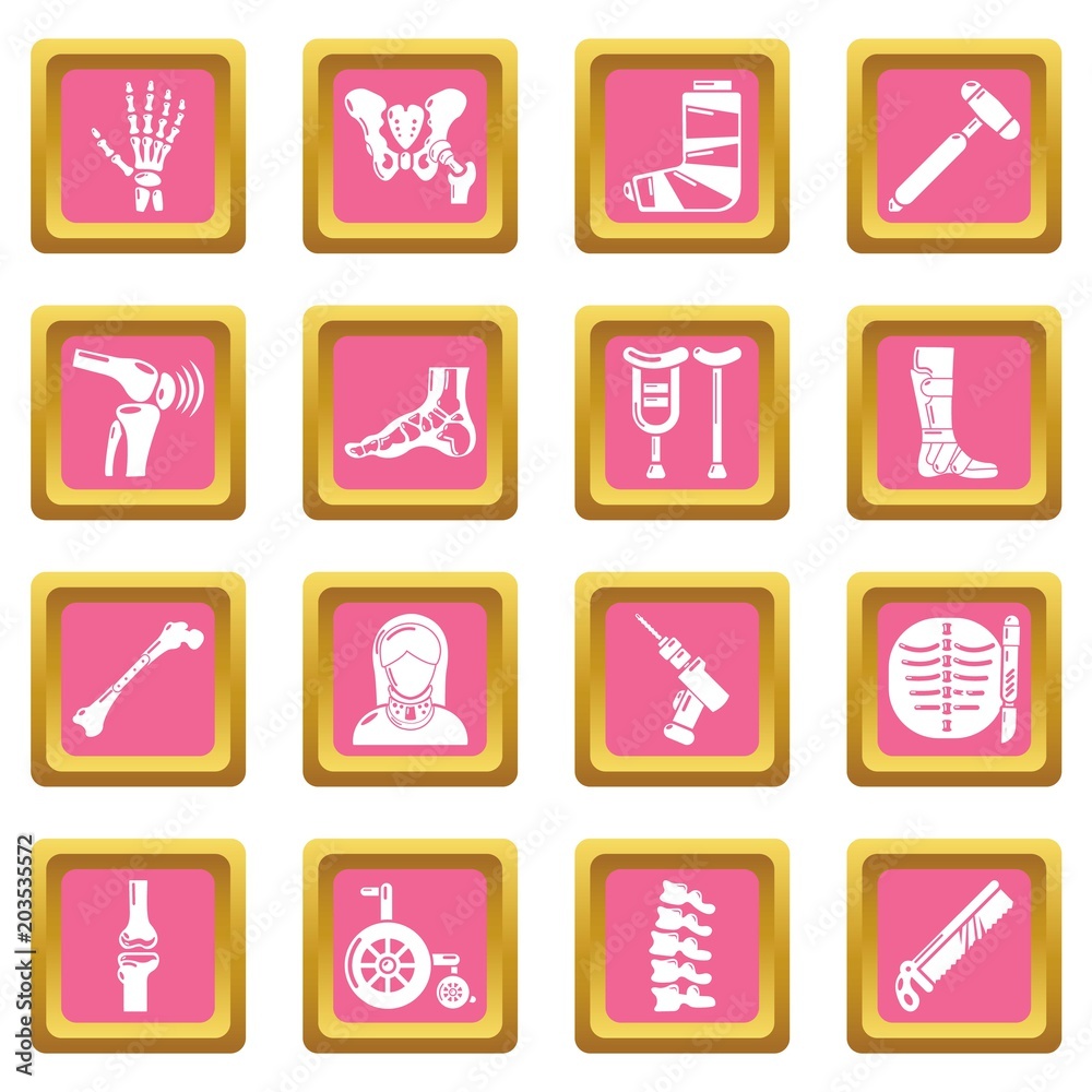 Orthopedist bone tools icons set vector pink square isolated on white background Orthopedist bone tools icons set vector pink square isolated on white background