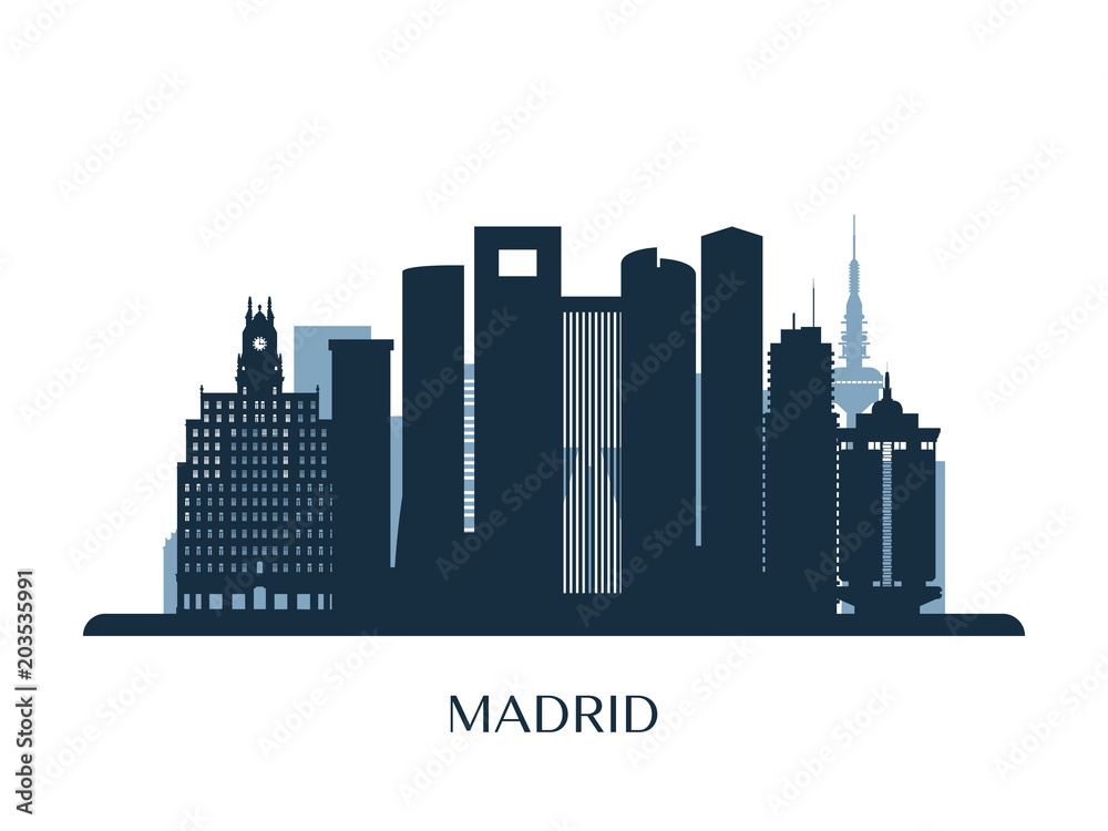 Madrid skyline, monochrome silhouette. Vector illustration.