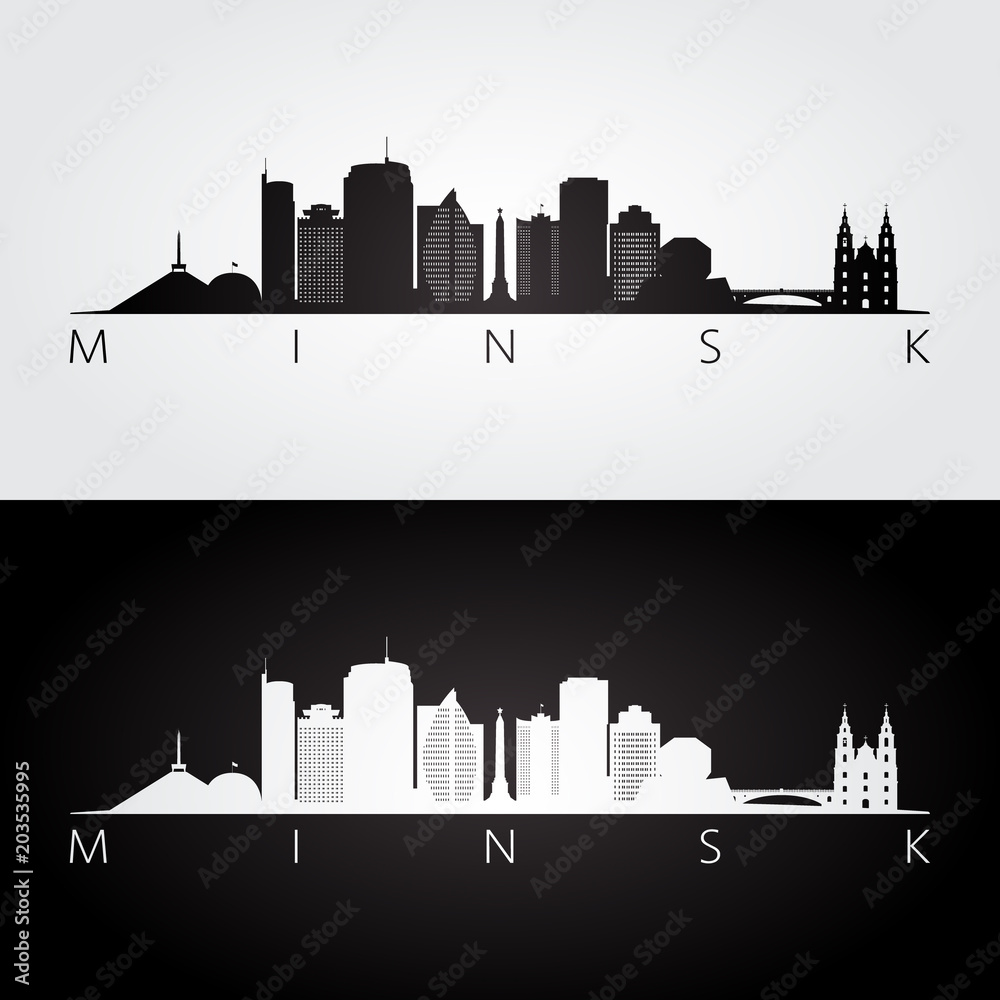 Minsk skyline and landmarks silhouette, black and white design, vector illustration.