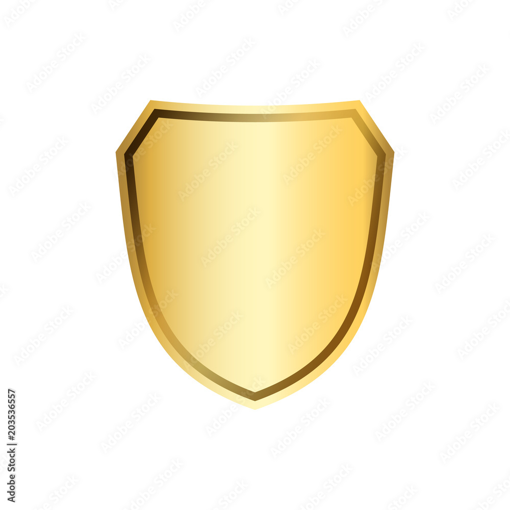 Gold shield shape icon. 3D golden emblem sign isolated on white background. Symbol of security, power, protection. Badge shape shield graphic design. Vector illustration