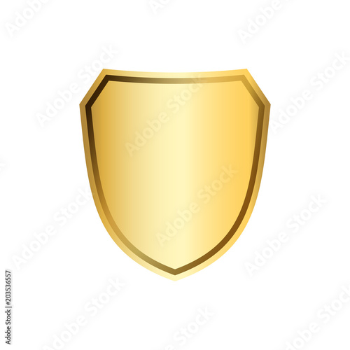 Gold shield shape icon. 3D golden emblem sign isolated on white background. Symbol of security, power, protection. Badge shape shield graphic design. Vector illustration photo