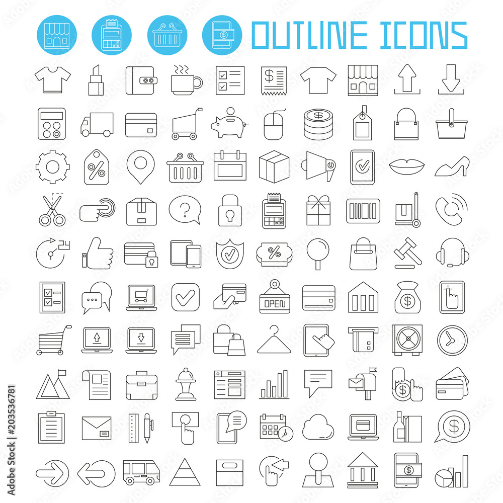 e commerce and internet shopping icons set, marketing icons, outline theme vector icons