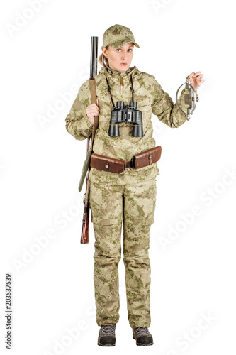 female hunter with double barreled shotgun Isolated on white background.