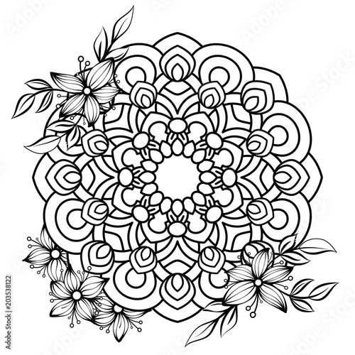 Floral mandala pattern in black and white. Adult coloring book page with flowers and mandalas. Oriental pattern  vintage decorative elements. . Hand drawn vector illustration