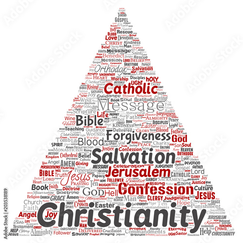 Vector conceptual christianity, jesus, bible, testament triangle arrow red  word cloud isolated background. Collage of teachings, salvation resurrection, heaven, confession, forgiveness, love concept