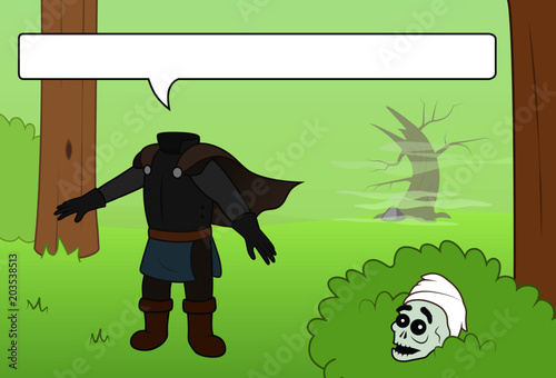 The headless horseman searches his head in the forest near the dead tree
