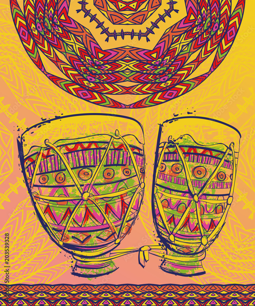 Naklejka premium Brazil carnival template design for posters, banners, flyers, placards, brochures. Drums tam tam with splashes in watercolor style and ornate mandala. Vector illustration