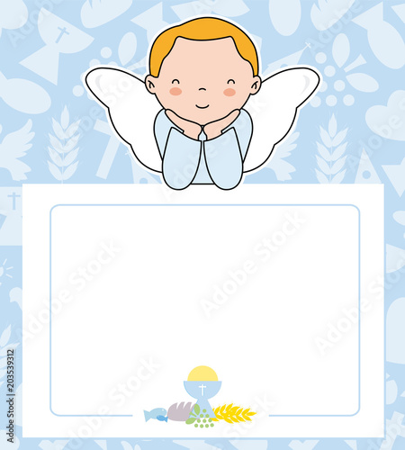 communion card. angel boy with wings on top of poster. space for text