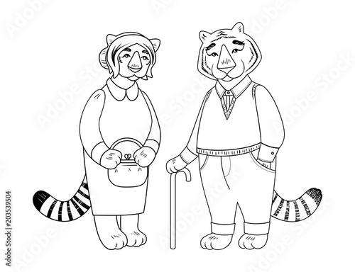 Fototapeta Naklejka Na Ścianę i Meble -  Vector cute old tiger and tigress characters.