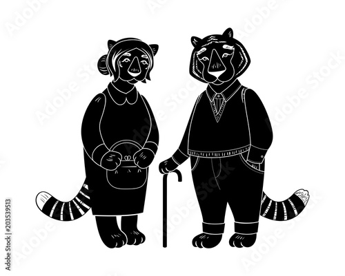 Fototapeta Naklejka Na Ścianę i Meble -  Vector cute old tiger and tigress characters.