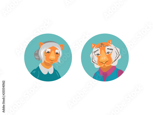 Fototapeta Naklejka Na Ścianę i Meble -  Vector cute old tiger and tigress characters