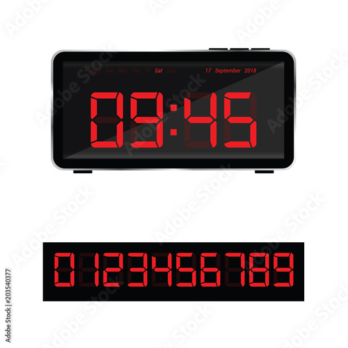 digital clock illustration and set of glowing numbers in red