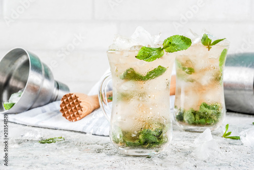 Photos Cold summer beverage, mint julep cocktail drink, grey stone background copy spac